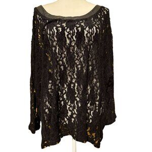 DKNY Jeans Black Lace Top With Faux Leather Trim &‎ Back Zipper Closure 2X